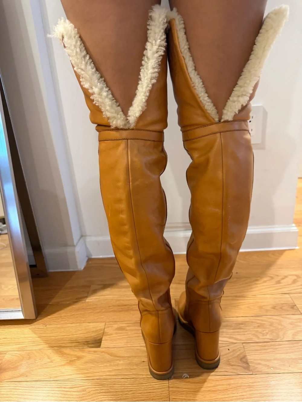 Celine Tan Leather Over-the-Knee Boots with Cream Shearling Cuff. New